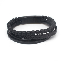 Stainless Steel Magnetic Clasp Leather Bead Wrap Bracelet For Men